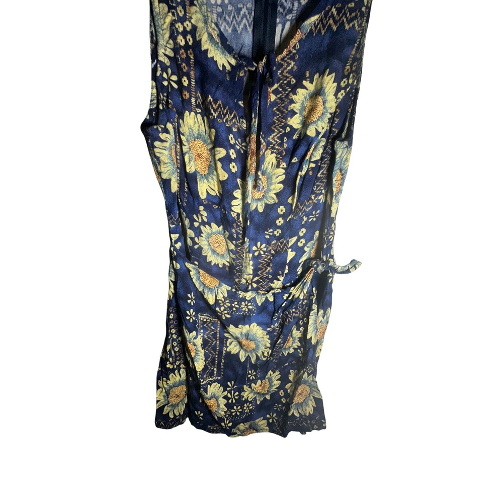 Vintage Joni Blair 90s Sunflower Print Rayon Romper Navy Blue Yellow Size 11/12